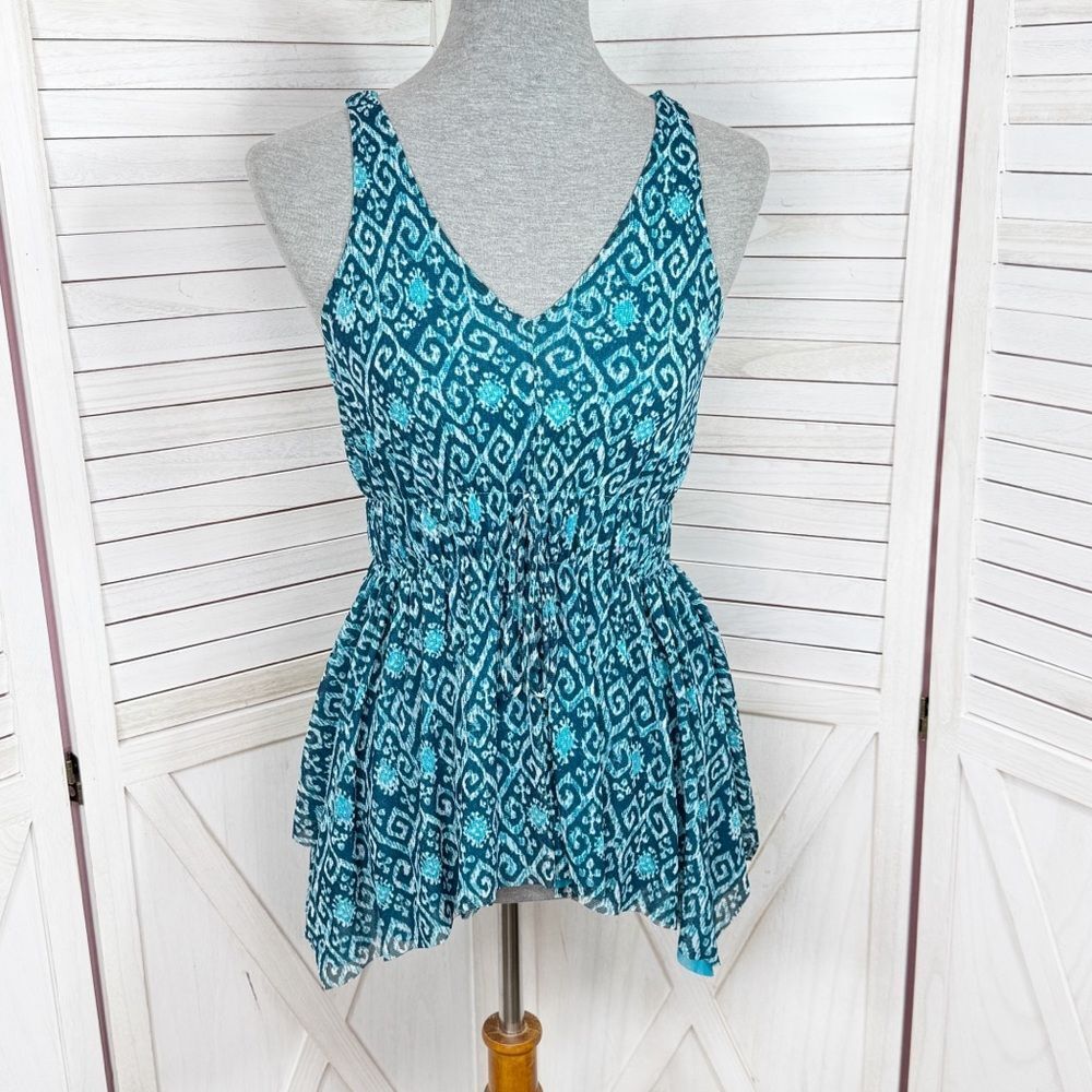Michael Michael Kors Printed‎ Mesh Peplum Tank Top Turquoise Blue XS